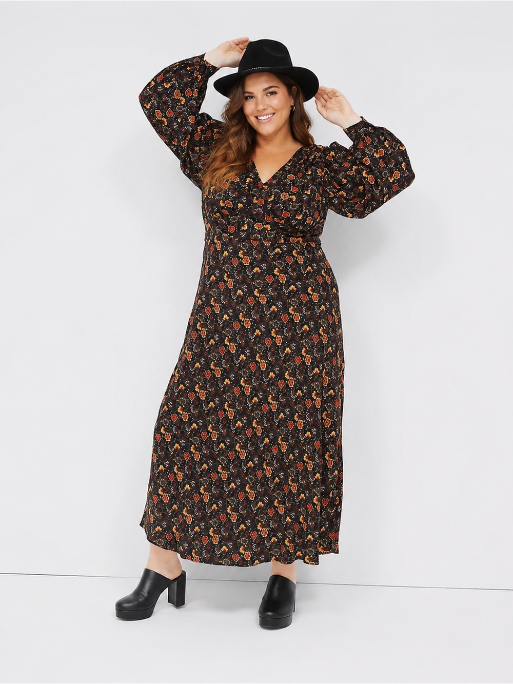Lane Bryant Floral Maxi Dress Black Fall Print‎ Long Sleeve Size 14